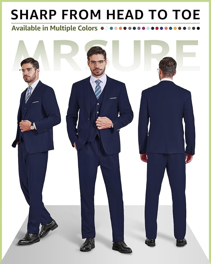 MrSure Men’s 3 Piece Suit Blazer, Slim Fit Tux with One Button, Jacket Vest Pants & Tie Set for Party, Wedding and Business