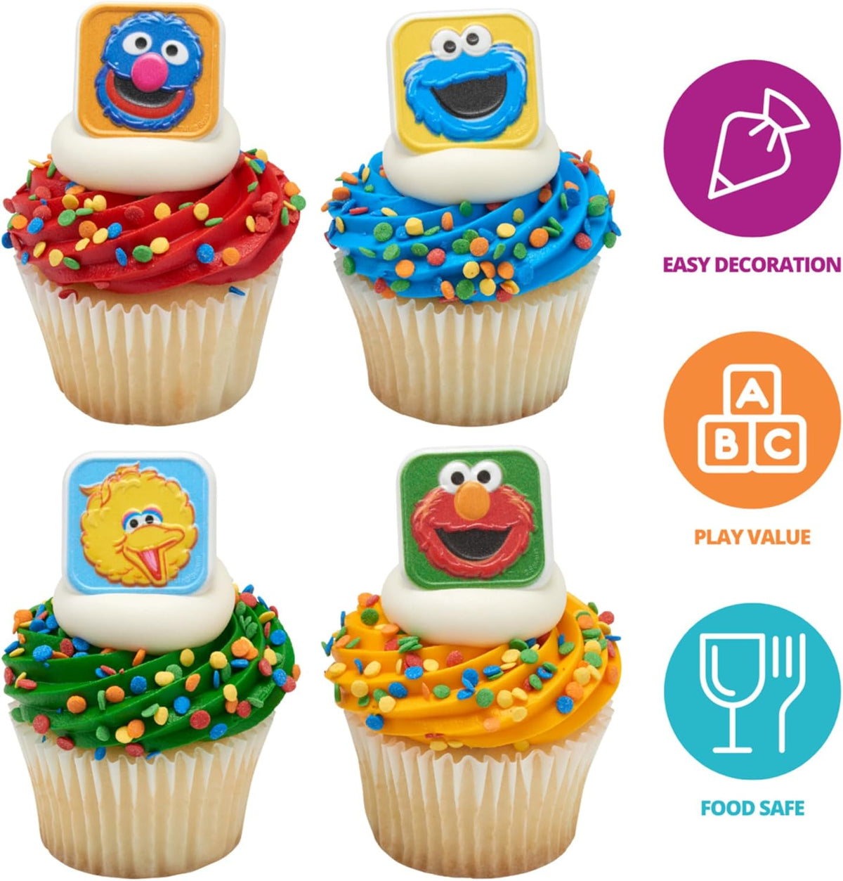 Sesame Street Rings, 24 Cupcake Toppers Featuring Elmo, Big Bird, Cookie Monster, Grover, Bright Colorful ( Cupcake Decorations, Food Safe - 24 Pack (Mixed Character Amounts)