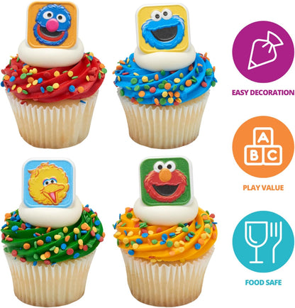 Sesame Street Rings, 24 Cupcake Toppers Featuring Elmo, Big Bird, Cookie Monster, Grover, Bright Colorful ( Cupcake Decorations, Food Safe - 24 Pack (Mixed Character Amounts)