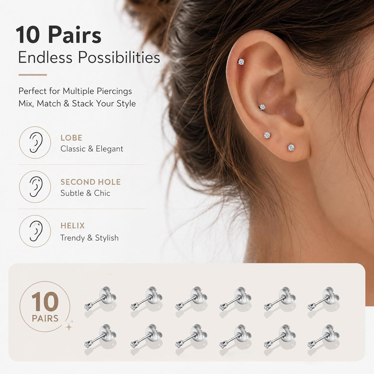 Stud Earrings for Women, 20G Hypoallergenic Surgical Steel Cubic Zirconia Earrings CZ Earrings ( 10 )