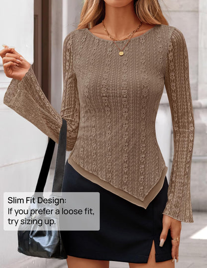 Womens 2026 Spring Summer Lace Mesh Sleeve Tops Going Out Double Lined Slim Fit Asymmetrical Shirts Date Night Outfit