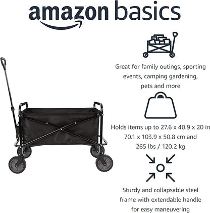 Basics Collapsible Folding Outdoor Utility Wagon for Sports, Garden, Camping, and Shopping, Heavy Duty, Large Capacity, Black
