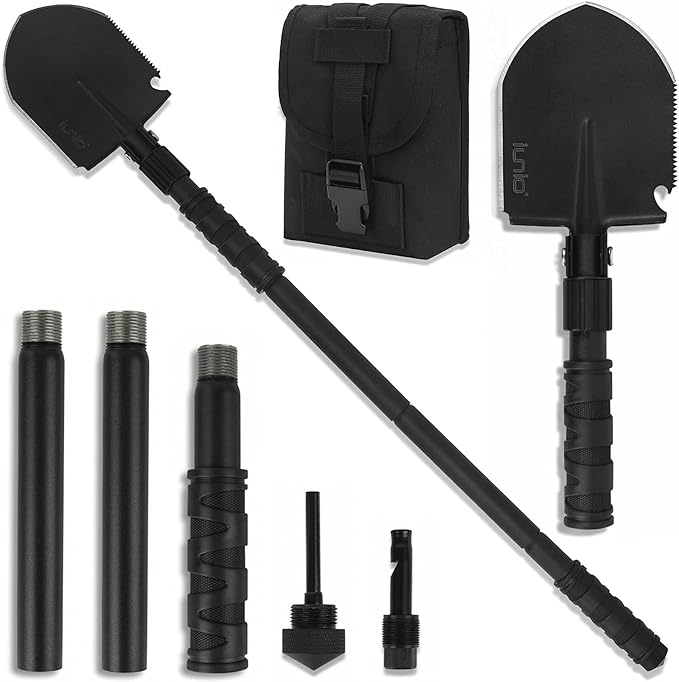 iunio Camping Shovel,Shovel Folding, Portable, Multitool, Foldable Entrenching Tool, Collapsible Spade, for Backpacking, Trenching, Hiking, Survival, Car Emergency