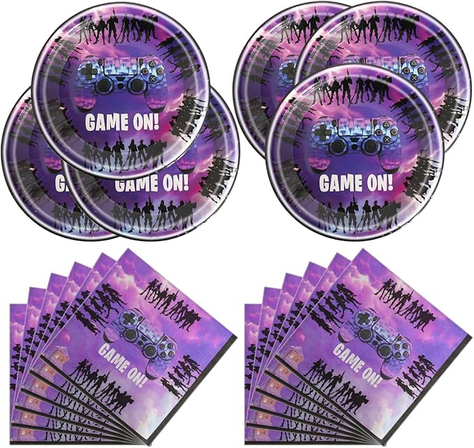 Video game party tableware set, includes 20 plates and 20 napkins, birthday decoration for video game themed parties, baby shower