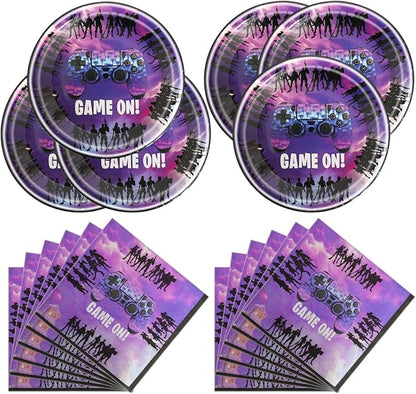 Video game party tableware set, includes 20 plates and 20 napkins, birthday decoration for video game themed parties, baby shower