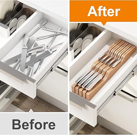In-Drawer Knife Block Organizer - Bamboo Wood Drawer Knife Holder-Protecting Knife Organizer Block Holds Up To 9 Knives(Not Included)