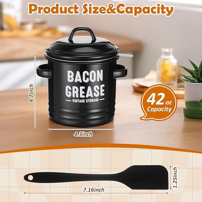 Bacon Grease Saver with Strainer 41oz 1. 2L Large Stainless Steel Grease Container with Silicone Spatula Farmhouse Black Enamel Oil Keeper Can for Kitchen Fat Storage, Dishwasher Safe