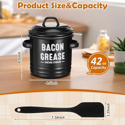 Bacon Grease Saver with Strainer 41oz 1. 2L Large Stainless Steel Grease Container with Silicone Spatula Farmhouse Black Enamel Oil Keeper Can for Kitchen Fat Storage, Dishwasher Safe