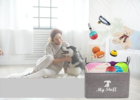 Geyecete Canvas Dog Toy Storage Dog Toy Basket -Box for Dog Toy Bins, Dog Blanket, Dog Clothes Storage - Pet Toy and Accessory Storage Bin-Gray