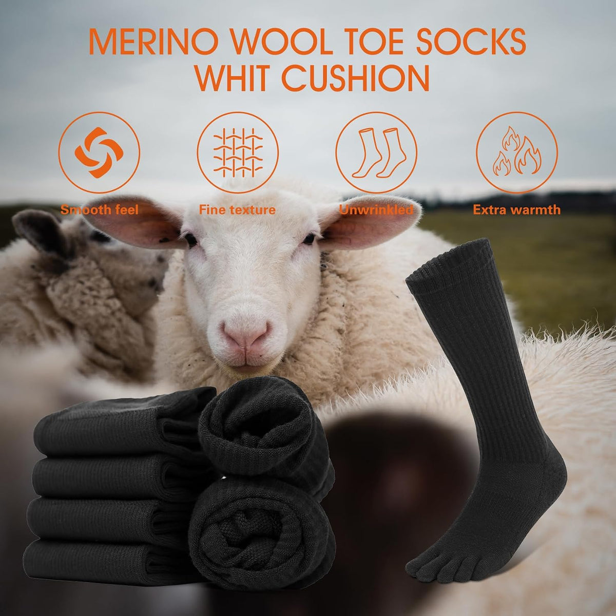 Merino Wool Toe Socks for Men&Women Hiking Cushion Five Finger Boot Socks Crew Length (1 Pairs)