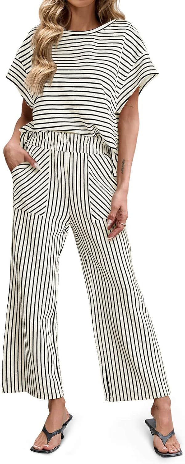 Tankaneo Women's Striped 2-Piece Lounge Set, Short Sleeve Top & Wide Leg Pants