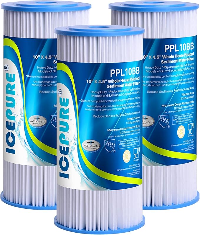 ICEPURE 20 Micron 10" x 4.5" Whole House Sediment Pleated Water Filter Replacement for GE FXHSC, Culligan R50-BBSA, Pentek R50-BB, DuPont WFHDC3001, W50PEHD, GXWH40L, GXWH35F for Well Water, 3PACK