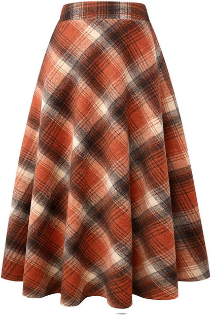 IDEALSANXUN Womens Plaid Wool Skirts Elastic Waist A-Line Pleated Tartan Long Skirts