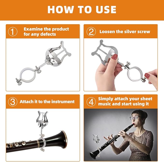 Clarinet Lyre Holder for Marching Band- 6.02Inch Sheet Music Clip Stand- Adjustable Music Book Clip for Beginners Professionals - Durable Lightweight