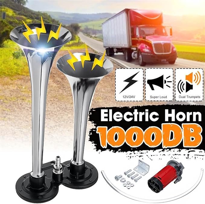 Air Operated Horn 1000DB Car Horn Super Loud Dual Trumpet Air Horn Compressor 12V24V For Car Truck Boat Train Horn Hooter For Auto Sound Signal