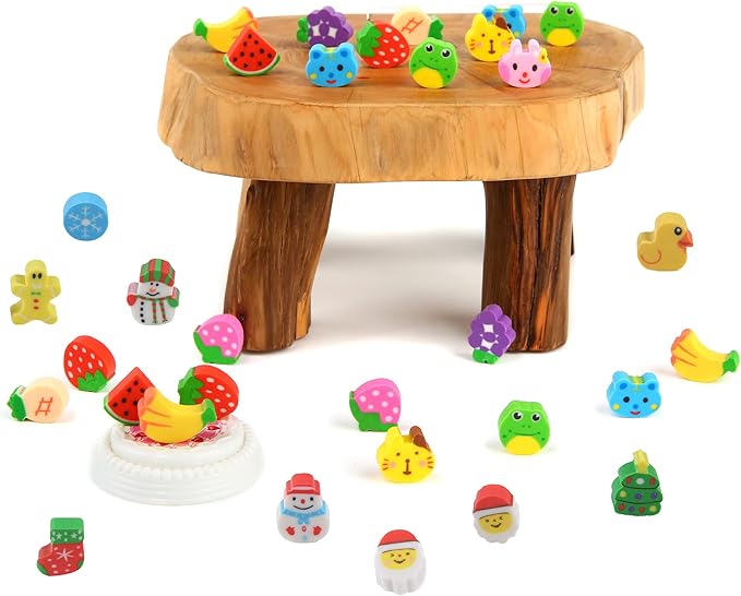 300PCS Mini Christmas Fruit Animal Erasers,Assorted Novelty Pencil Erasers for Kids Party Favors School Student Prizes Gift