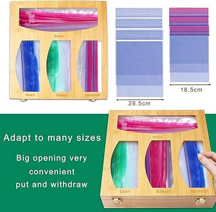 Ziplock Bag Organizer for Kitchen Plastic Bag Storage, Premium Bamboo Organizer, Food Storage Bag Holders for Gallon, Quart, Sandwich and Snack Variety Size Bag