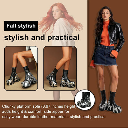 Size 7, HiColor Women's Red Flames Printing Chunky Sole Boots, Ankle-High, Zipper Closure, Round Toe, Platform Heel, All-Season, Women's Casual Boots.