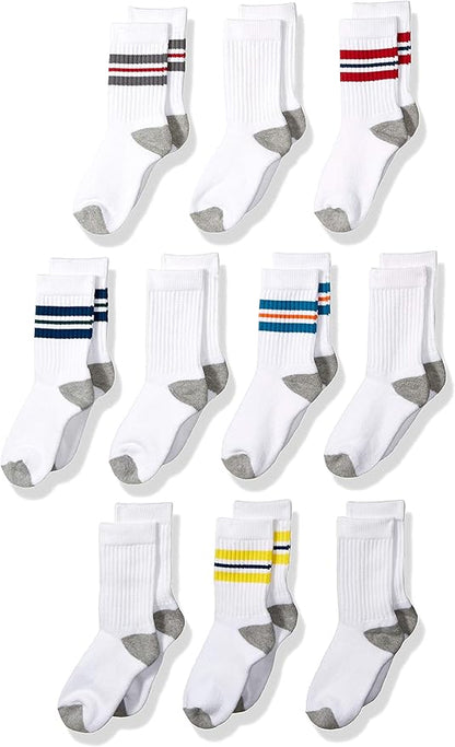 Essentials Boys and Toddlers' Cotton Cushioned Crew Sports Socks, 10 Pairs