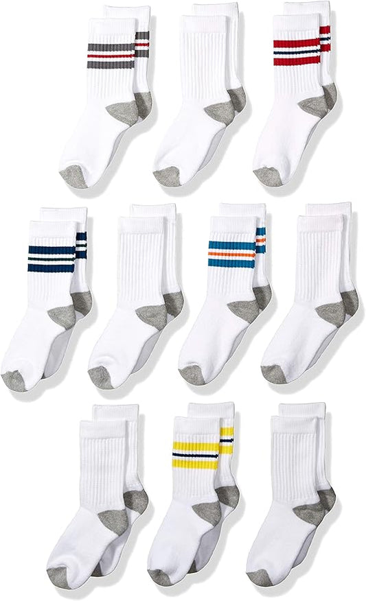 Essentials Boys and Toddlers' Cotton Cushioned Crew Sports Socks, 10 Pairs