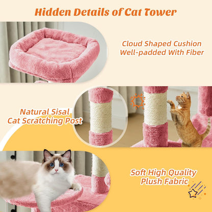 Cat Tree 54 Inch, Multi-Level Cat Tower with Condo, Perches, Sisal Scratching Posts and Climbing Ladder, Pet Play Toy Balls House for Indoor Cats, Pink