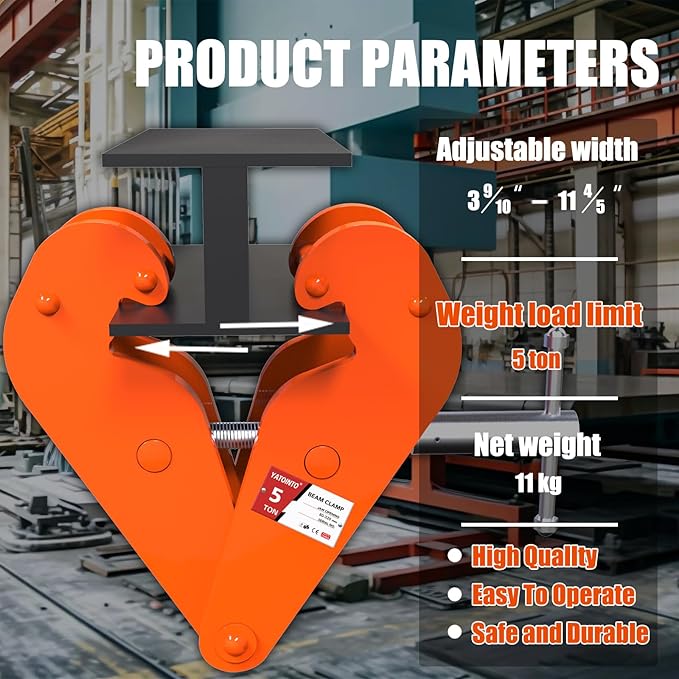 Orange Vertical Beam Clamp - 5 Ton (11000lbs) Capacity, 3.15-12.6Inch Opening Range, Heavy Duty Steel Clamp Tool