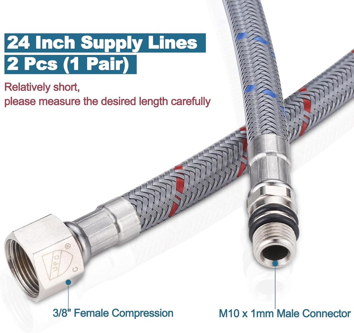 ARCORA 24" Bathroom Faucet Hose, Braided Nylon cUPC Supply Lines 3/8" Female Compression Thread × M10 Male Connector (1 Pair)