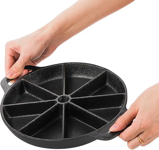 WUWEOT Cast Iron Wedge Pan, Non stick Round Corn Bread Skillet, Black 8-edges Biscuit Pan with Double Handles for Scones, Corn Stick Pan, Muffins, Cup Cakes and Brownies