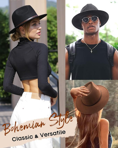 FURTALK Fedora Hats for Men Women Wide Brim Felt Panama Dress Hat with Belt Buckle Adjustable Size 7-7 3/8