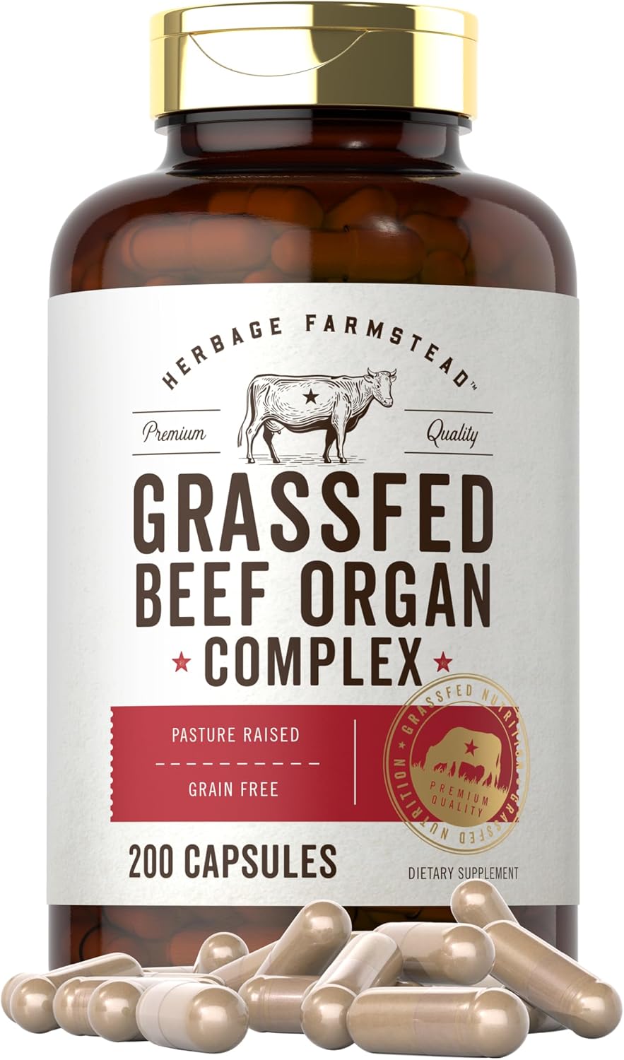 Carlyle Grass Fed Beef Organ Complex | 200 Capsules | Pasture Raised, Grain Free Supplement | with Desiccated Liver, Kidney, Pancreas, Heart, Spleen | Non-GMO, Gluten Free | by Herbage Farmstead (Sealed product, but the bottle has dents)