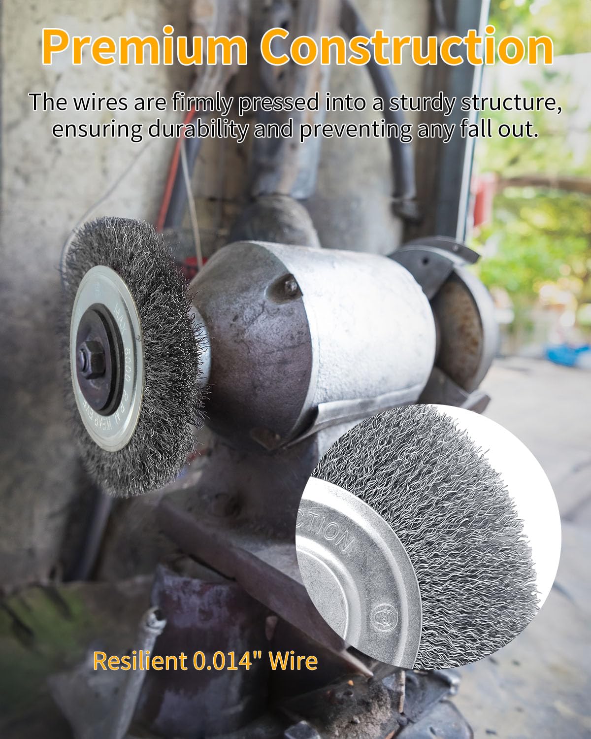 8 Inch Wire Wheel for Bench Grinder - Fine Crimped Wire Brush with 1/2" and 5/8" Arbor(0.012Inch Wire Size), Efficiently Polish Nuts, Bolts and Assorted Car Parts.