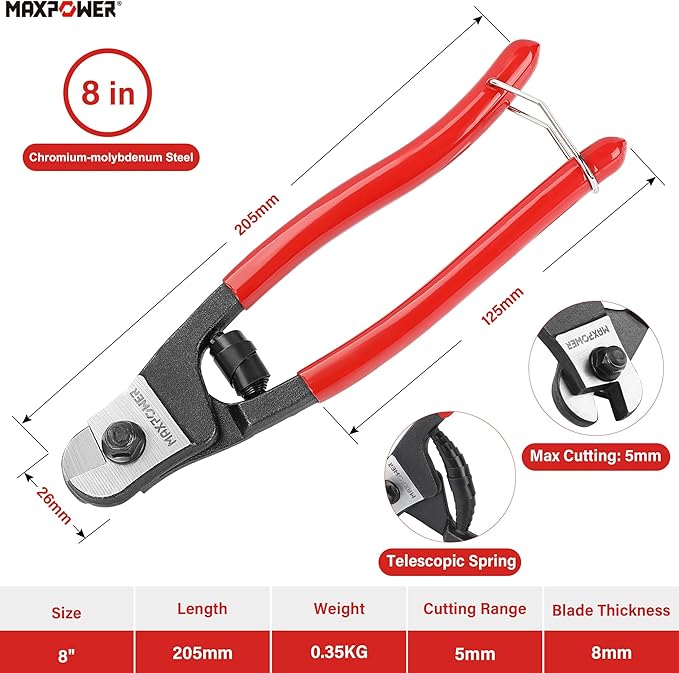 MAXPOWER Wire Cutter, 8-Inch Wire Rope Cutters for Steel Wire, Wire Seals, Aircraft Bicycle Cable, Cable Cutter Cuts Up to ¹³/??"(5mm