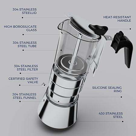 Moka Induction Stovetop Espresso Maker,Crystal Glass-top  Stainless Steel Espresso Moka Pot,Classic Italian coffee maker,240ml(6cup)