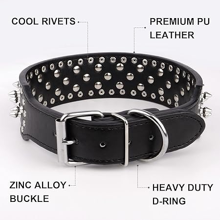 Epesiri Adjustable Wide Spiked Dog Collar, Mushroom Rivet PU Leather Cat Dog Collars, Durable Spike Studded Pet Collar for Small Medium Large Breed, PitBull Mastiff Bulldog Pugs Husky Rottweiler Black