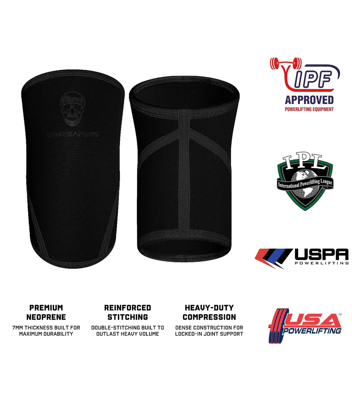 Knee Sleeves (1 Pair) With Gym Bag - IPF Approved - Knee Compression Sleeve Support for Squats, Weightlifting, and Powerlifting 7MM Neoprene Sleeves - 1 Year Warranty (Black/Black, Large)