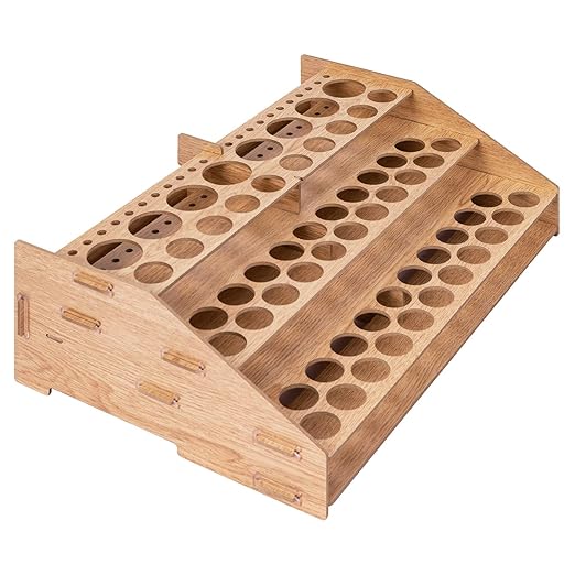 Basics Craft Paint  Brush Organizer Rack, Holds up to 60 Bottles (52 1-inch and 8 1.47-inch) and 22 brushes - 14 x 8 Inches, Wood Finish, Light brown, 14.1 x 9.6 x 4.3