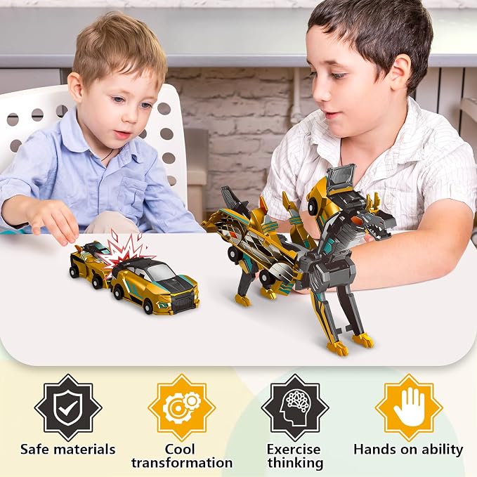 Intoypad Collision Transforming Dinosaur Car Toy, 2 Magnetic Cars Transform into Dinosaur Toys for Kids Toddler Fun Deformation Robot Dino Car Christmas Birthday Gift Toys for Boys Girl(Golden Dragon)