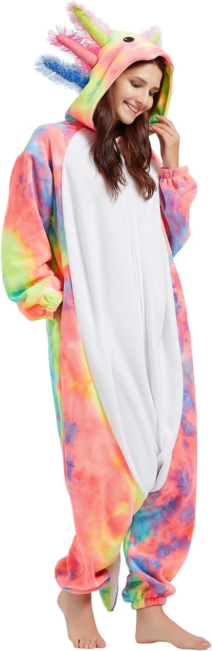 Unisex Axolotl Costume Adult Onesie, One Piece Pajamas, Halloween Cosplay Costumes Homewear Jumpsuit,Animal Onesie