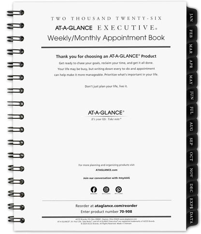 AT-A-GLANCE 2026 Weekly Monthly Appointment Book Refill, 6-1/2" x 8-3/4", Medium, Executive (70-908-10)