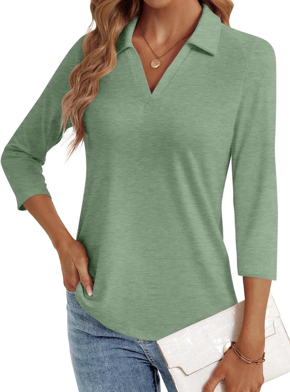 LYHIPSS 3/4 Length Sleeve Womens Tops Dressy Casual V Neck Polo Shirts Business Work Blouses 2025 Trendy Tunic Top