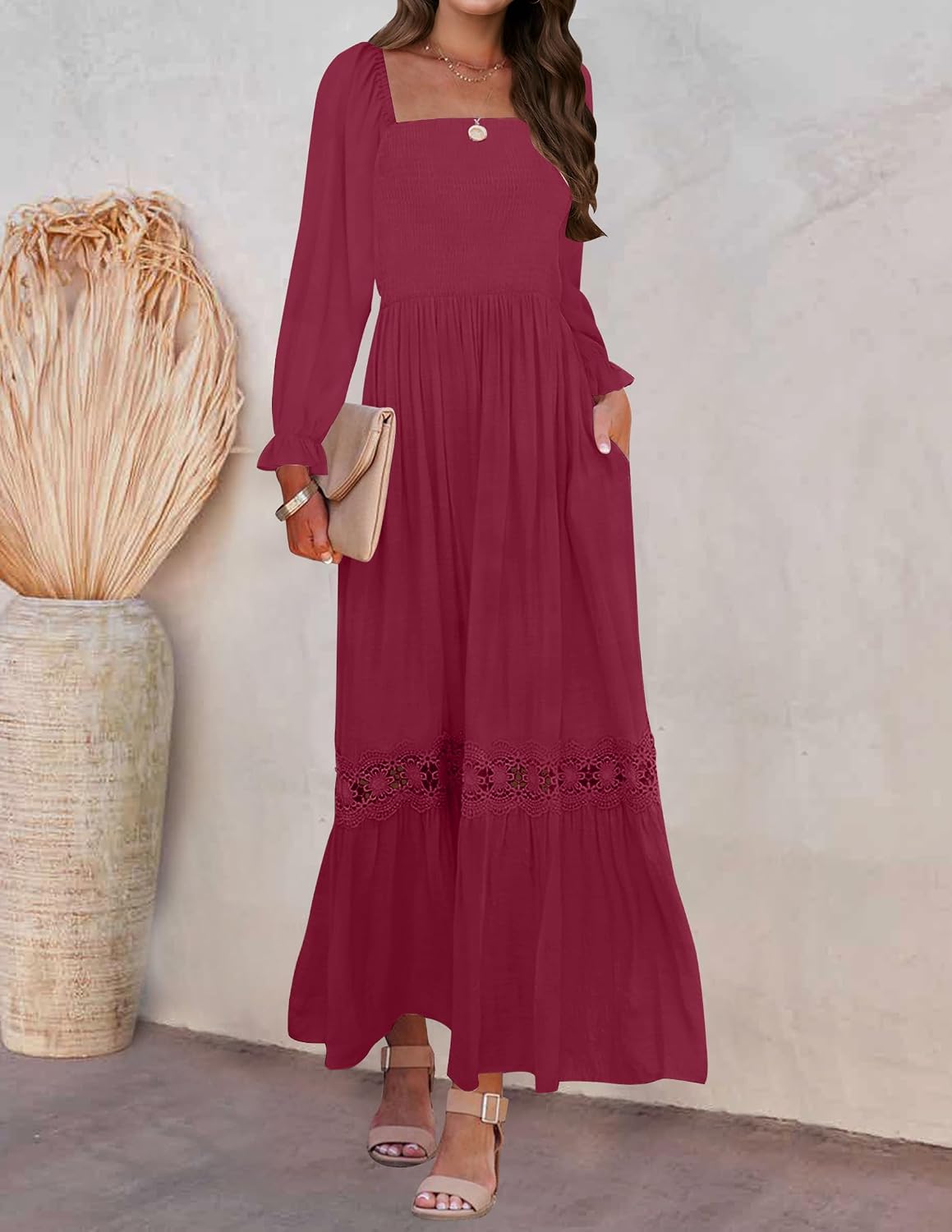 ZESICA Women's 2026 Boho Long Sleeve Square Neck Smocked High Waist Flowy A Line Lace Trim Maxi Dress .