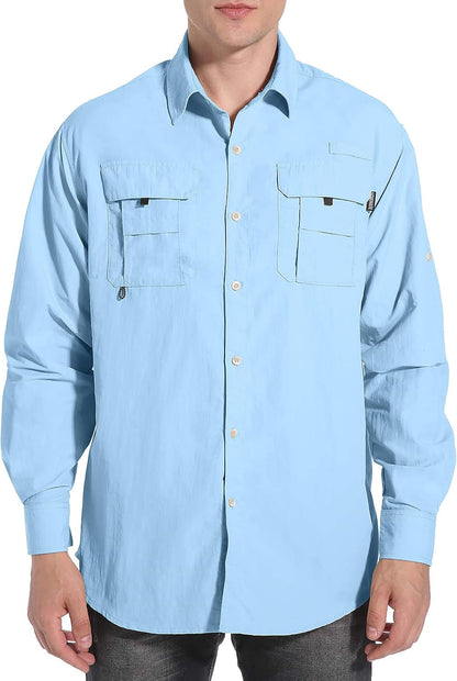 Pudolla XXL Mens Long Sleeve Fishing Shirts UPF 50+ UV Protection Sun Shirts Quick Drying Hiking Lightweight