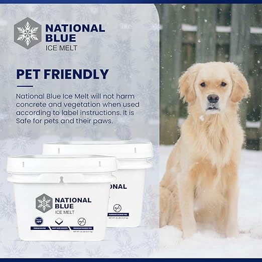 National Blue Ice Melt 20lb Bucket - Fast Acting Ice Melter - Pet, Plant and Concrete Friendly, Environmentally Safe - Free of Magnesium Chloride - Melts to -15°F