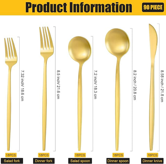 84 Pcs Gold Silverware Set, 18 Set Flatware Cutlery for 5 Golden Stainless Steel Utensils Includes Forks Knives and Spoons for Kitchen Restaurant Home(Gold Handle)