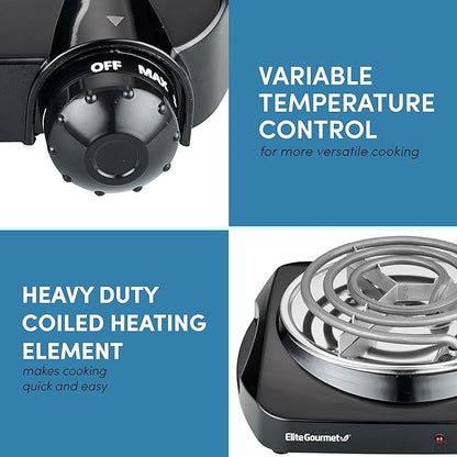 Elite Gourmet ESB301C Countertop Single Coiled Burner, 1100 Watts Electric Hot Plate, Temperature Controls, Power Indicator Lights, Easy to Clean, Black