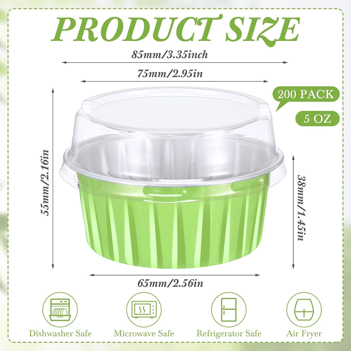 100 Pack Aluminum Foil Cupcake Liners Only, 5 oz Round Baking Cup,Disposable Tart Pie Ramekin Container for Ramadan, Easter, Wedding Party(Green,Plain) (No Lids included)