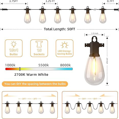 50FT LED Outdoor String Lights with 15 Shatterproof Edison Bulbs, 2700K Commercial Grade IP65 Waterproof Patio Lights, Heavy Duty Outside Hanging Lights for Backyard, Balcony, Garden, Porch