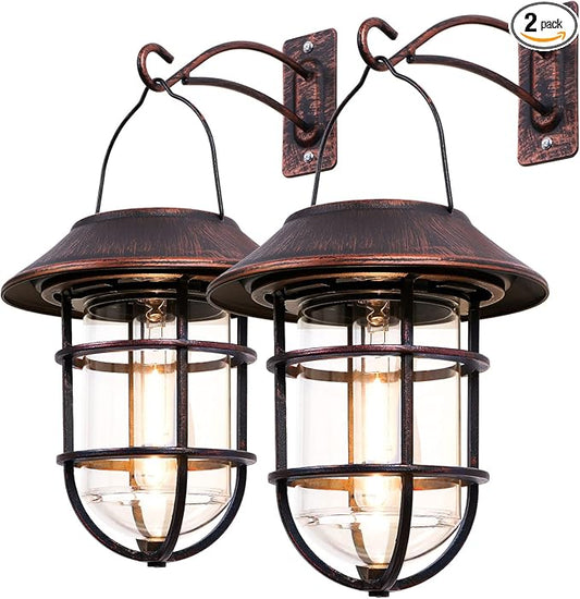 Solar Lantern Outdoor Hanging Solar Lights, Waterproof Metal Outdoor Lights with Clear Glass, LED Edison Bulbs Cordless Decorative Aluminum Wall Lantern with Hooks, Bronze