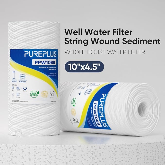 PUREPLUS 5 Micron 10 x 4.5 Whole House String Wound Sediment Filter for Well Water, Replacement Cartridge for 84637, WPX5BB97P, PC10, 355214-45, 355215-45, WP10BB97P, WP5BB97P, 1Pack
