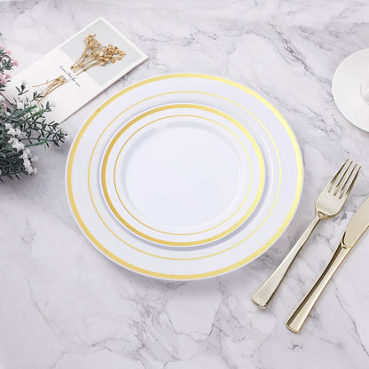BESTVIP 25PCS Gold Plastic Plates, 10.25 Inch Disposable Dinner Plate Party with Gold Rim, Heavy Duty Disposable Plastic Plates for Christmas, Thanksgiving, Party, Wedding and Birthday